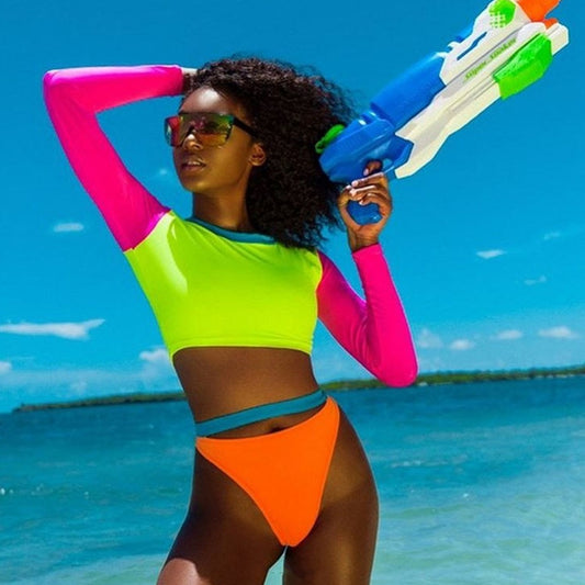 Colorful Fluorescence Long Sleeve Crop Top and Bikini Sets