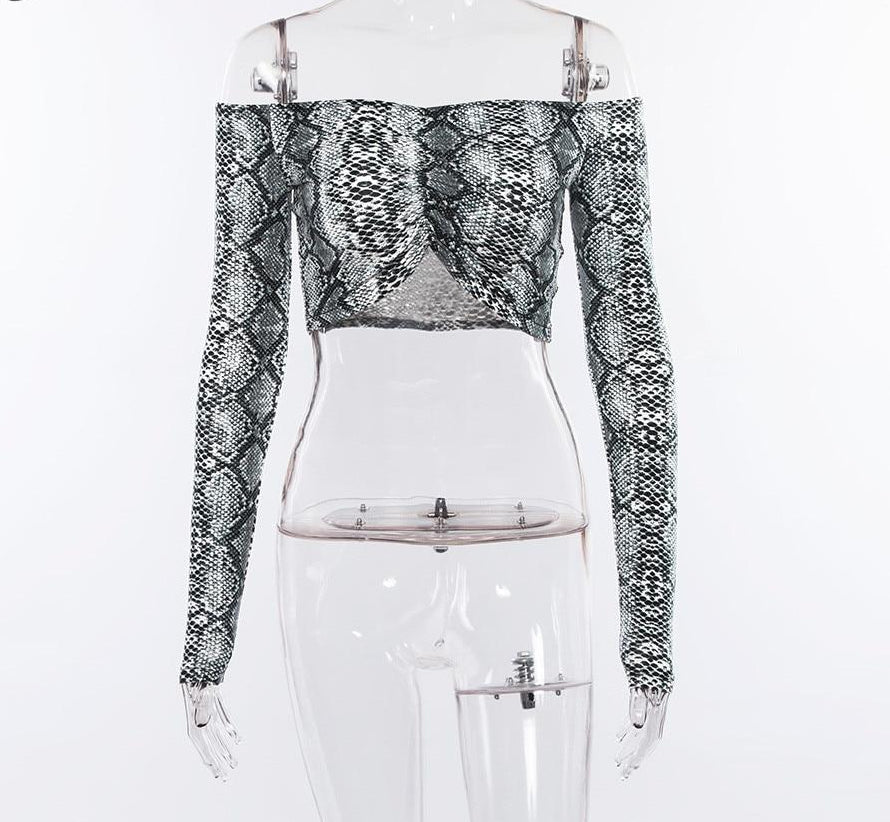 Snake Print Off Shoulder Long Sleeve Crop Top