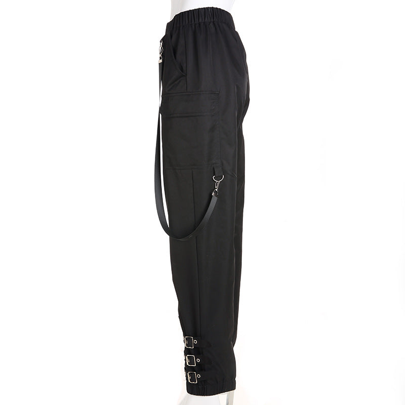 High Waist Side Strap Ankle Straps Loose Cargo Pants