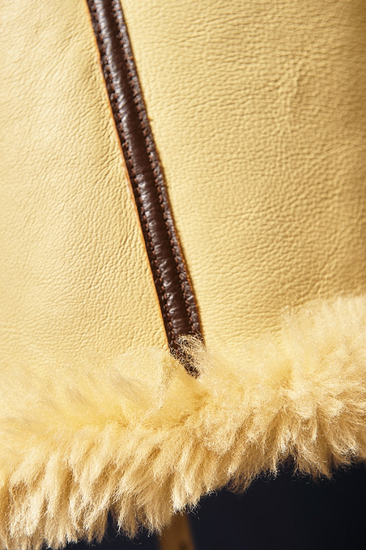 Beige Genuine Leather Shearling Fur Lining Long Coat Parkas