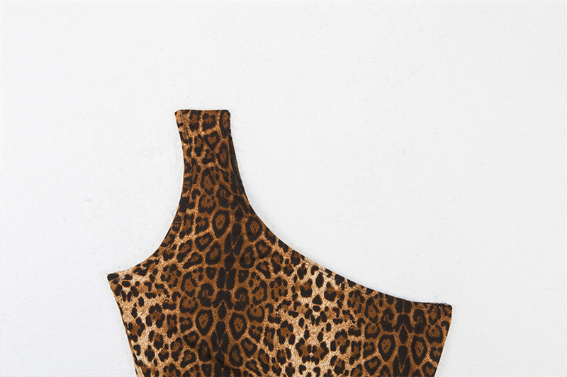 Leopard One Shoulder Sleeveless Hollow Bodysuit