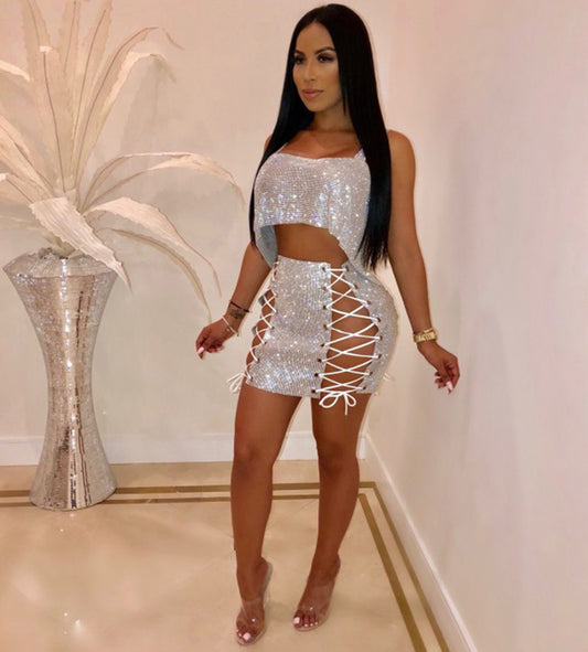 Shiny Crystal Crop Top and Mini Skirt Sets