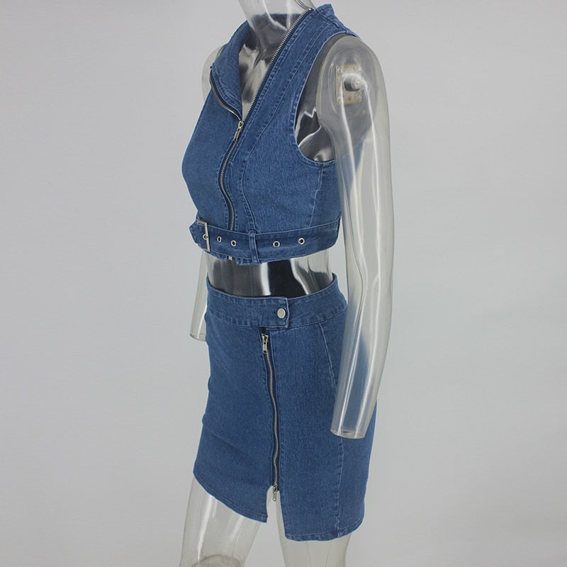Denim Zipper Sleeveless Crop Top and Skirt Set