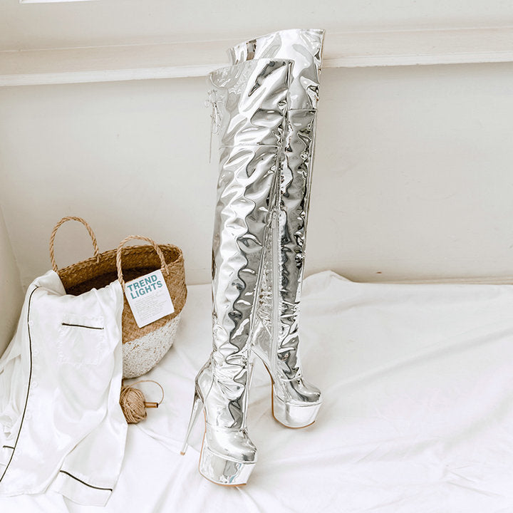 Metallic Silver Thigh High Thin High Heel Platform Boots