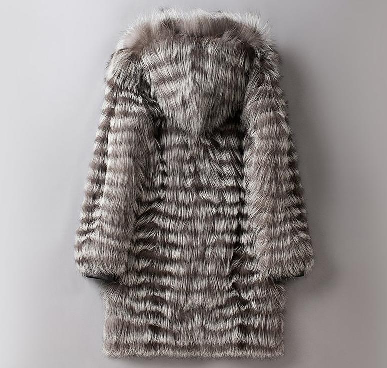 Real Fox Fur Hooded Striped Long Coats