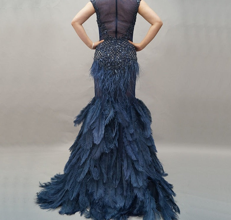 Diamond Sleeveless Mermaid Feathers Evening Gowns