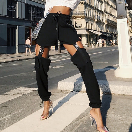 Black High Waist Hollow Thigh Buckle Long Loose Pants