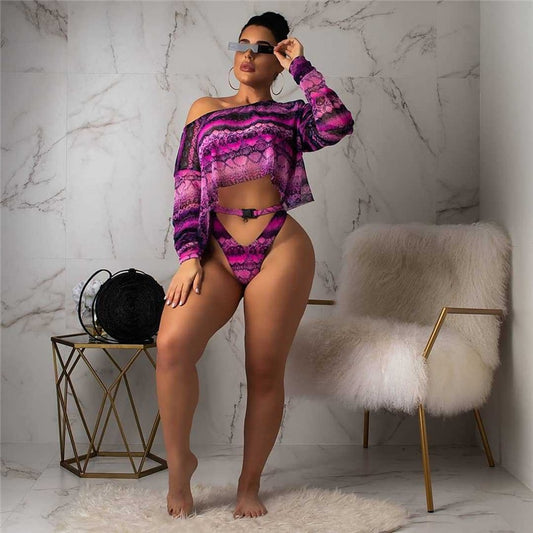 Tie Dye Print Cover Up Crop Top and Bikini 3 Pcs Sets