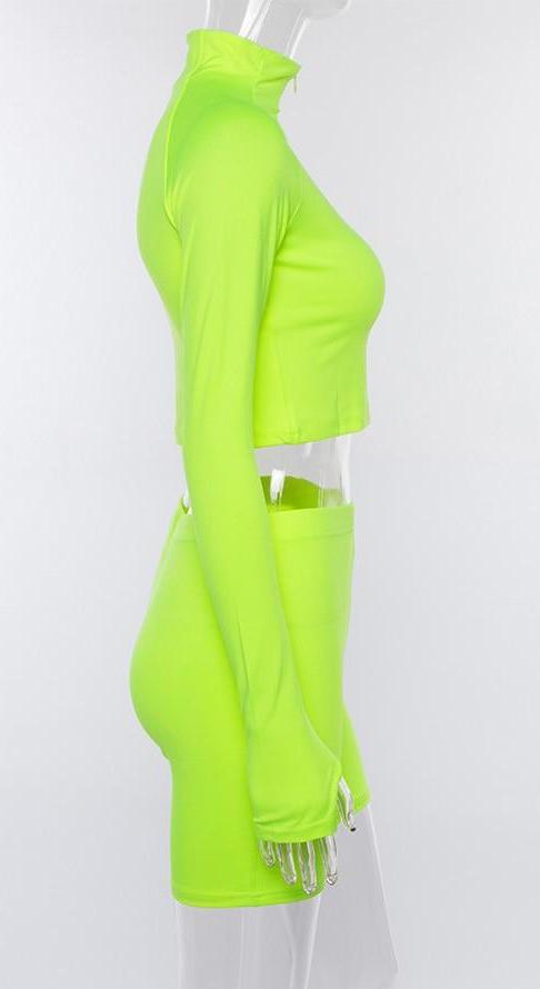 Fluorescence Long Sleeve Zipper Turtleneck Top And High Waist Shorts Sets