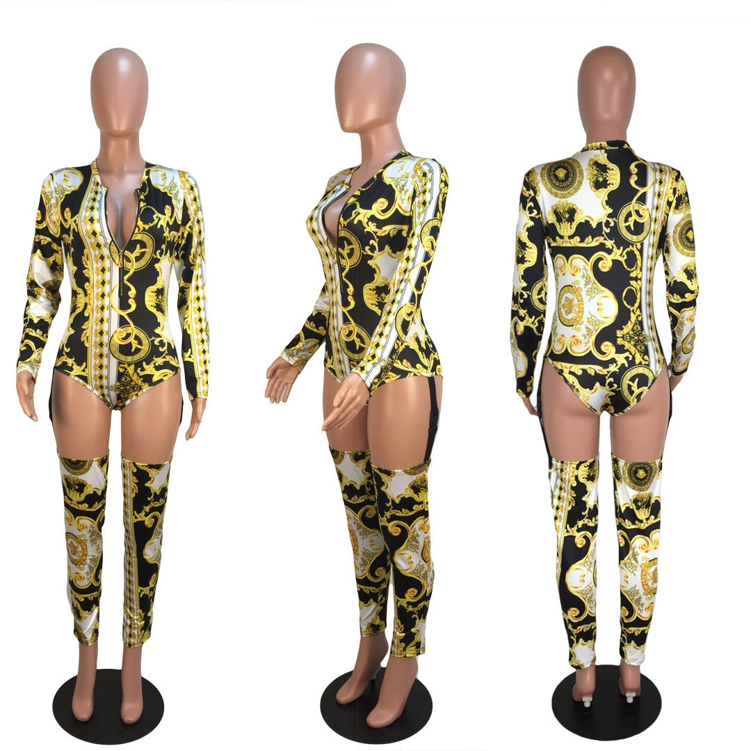 Print Long Sleeve Bodysuit Thigh Buckle Hollow Jumpsuits