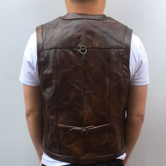 Genuine Leather Vest Slim Moto Cargo
