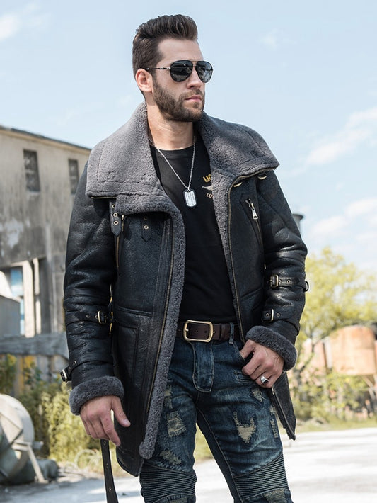 Genuine Leather Real Natural Sherling Fur Lining Mid Overcoat With Belted