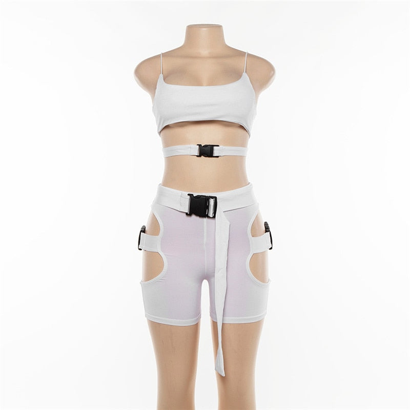 Hollow Side Thigh Buckle Fitness Crop Top and Shorts