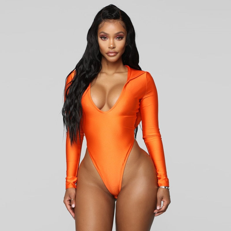 Deep V Long Sleeve Hooded High Waist Bodysuit