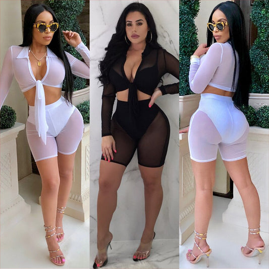Mesh Long Sleeve Crop Top And Tight Shorts Sets