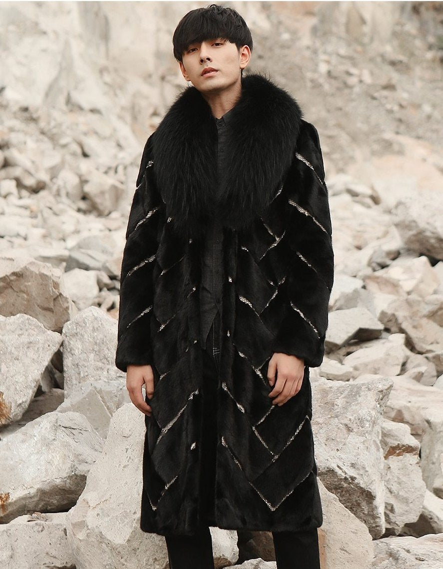 Real Mink Fur Inlaid Snake Print Overcoat with Thick Fox Fur Collar