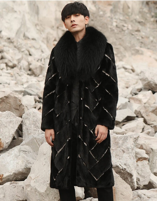 Real Mink Fur Inlaid Snake Print Overcoat with Thick Fox Fur Collar