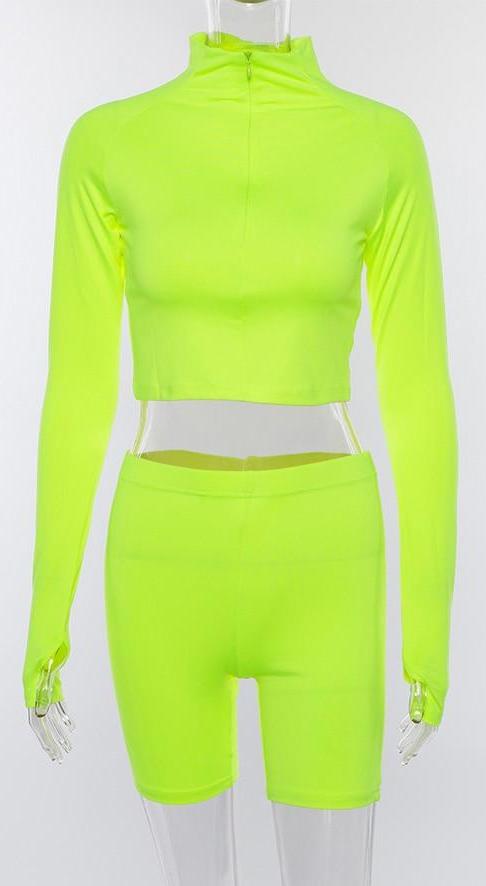 Fluorescence Long Sleeve Zipper Turtleneck Top And High Waist Shorts Sets