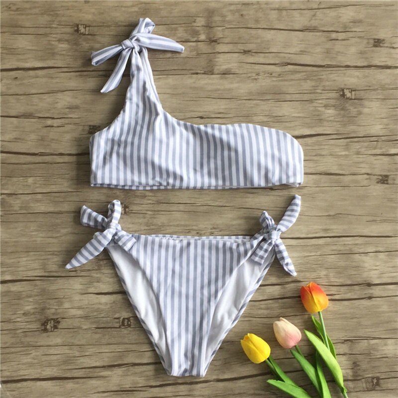One Shoulder Striped Bikini Sets