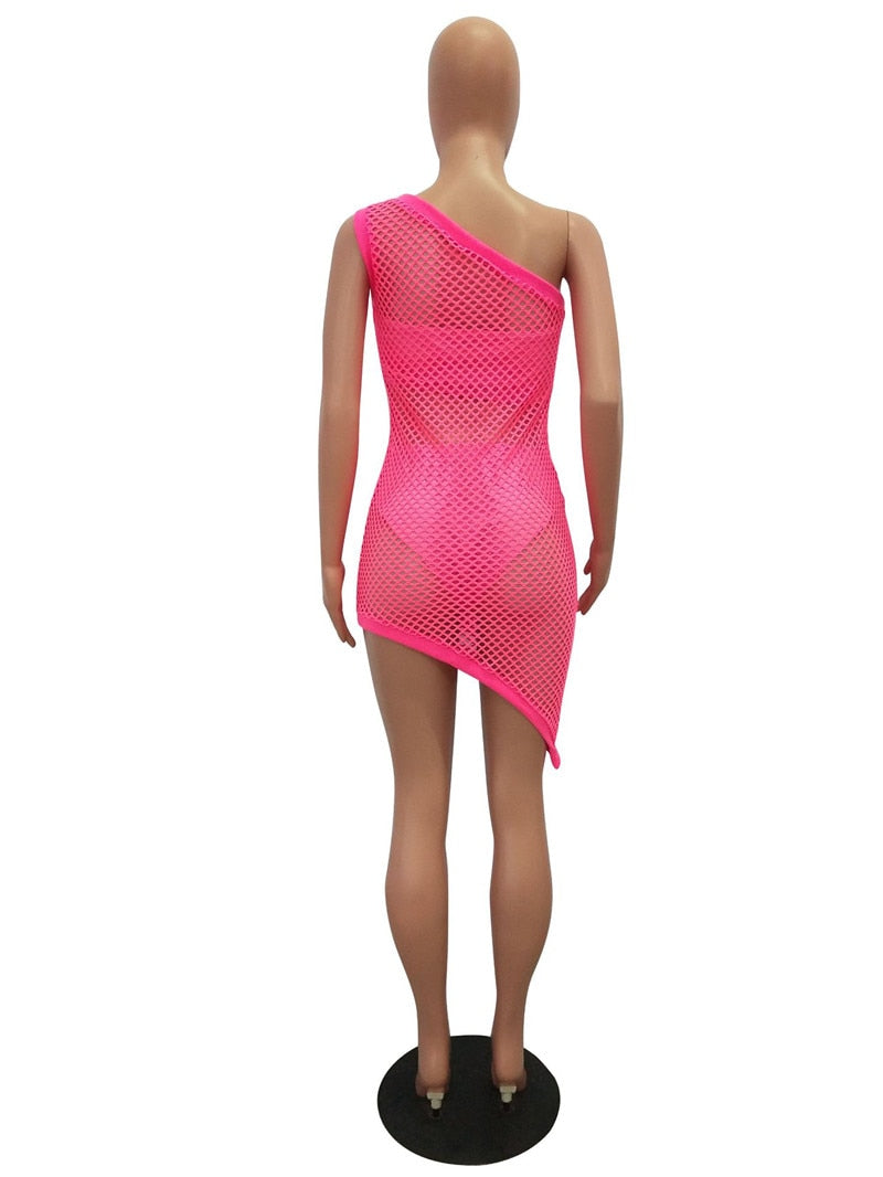 Neon Fishnet One Shoulder Bodycon Dresses 3 Pcs Sets
