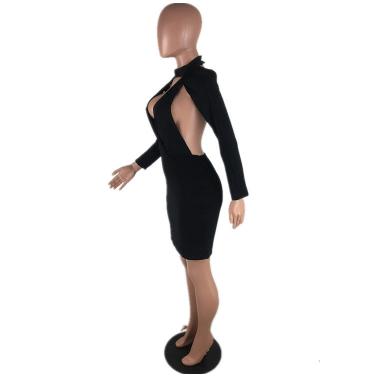 Hollow Back Deep V Long Sleeve Bodycon Bandage Dress