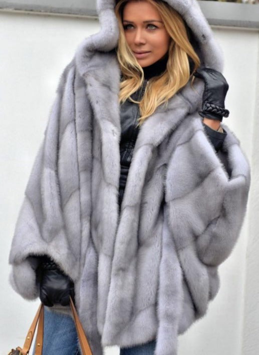 Batwing Sleeve Natural Gray Real Mink Fur Coats With Hood