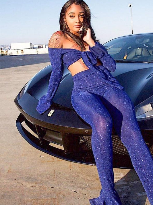 Off Shoulder Bandage Crop Flare Sleeve and Pants Sets