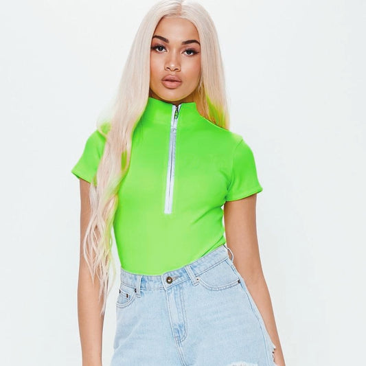 Neon Fluorescent Zipper Short Sleeve Bodysuit