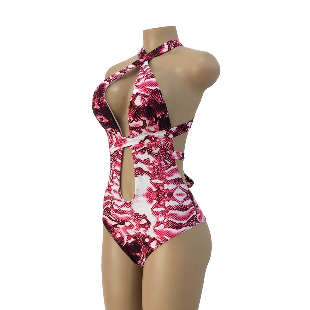 Deep V Bandage Print One Piece Monokini's