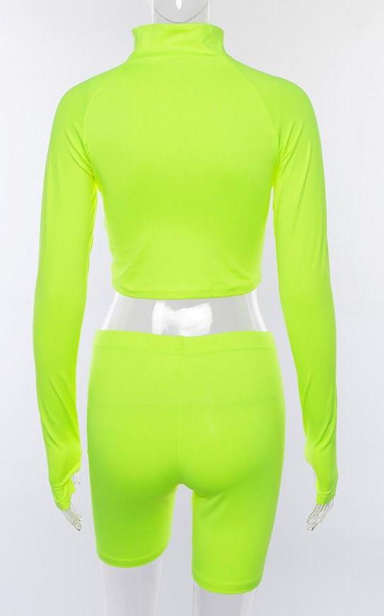 Fluorescence Long Sleeve Zipper Turtleneck Top And High Waist Shorts Sets