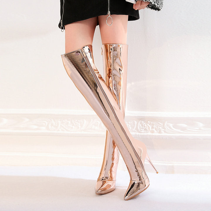 Gold Silver Metallic Over the Knee High Heel Boots
