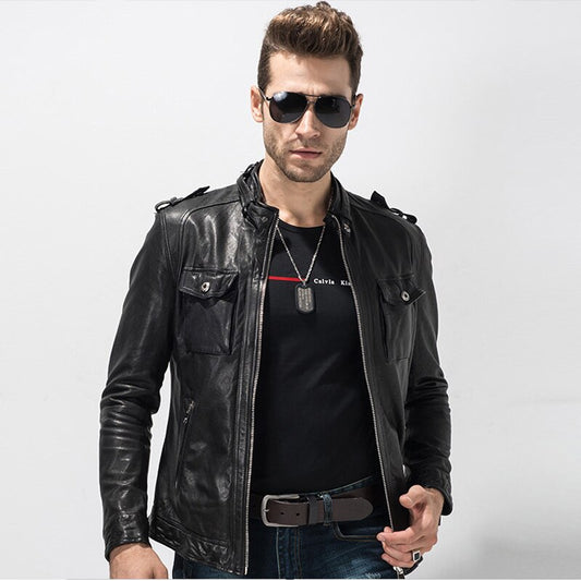 Genuine Leather Jacket Short Slim Moto