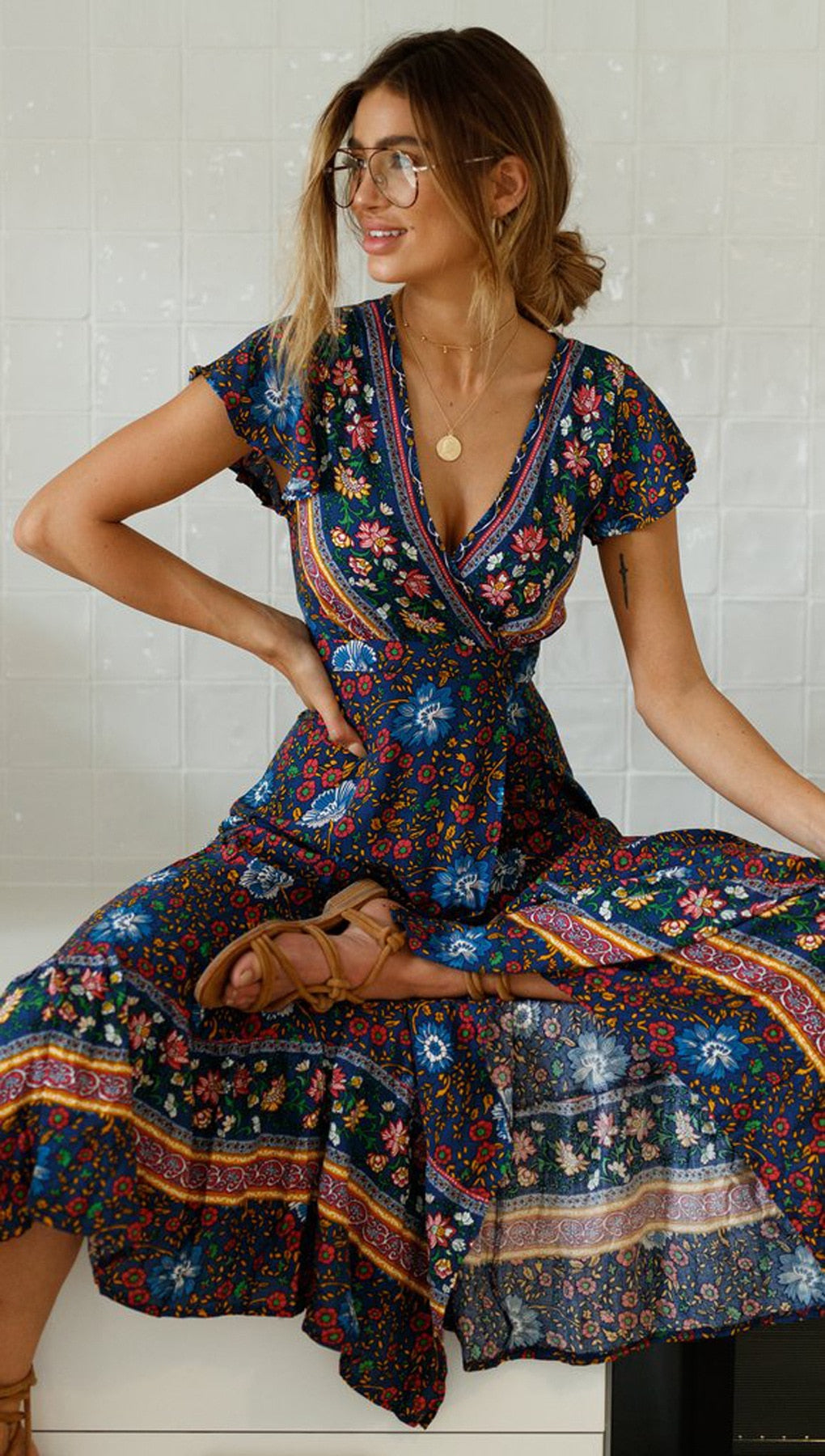 Vintage Floral Print Boho Short Sleeve Split Maxi Dresses