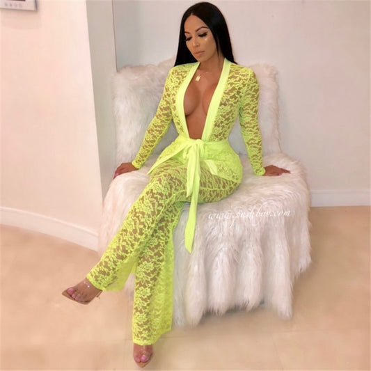 Deep V-Neck Lace Blazer Jumpsuits