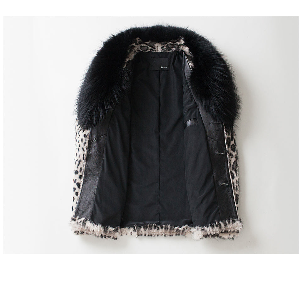 Leopard Real Shearling Fur Overcoat with Thick Fox Fur Collar