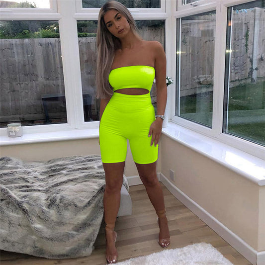 Neon Off Shoulder Hollow Belly One Piece Rompers