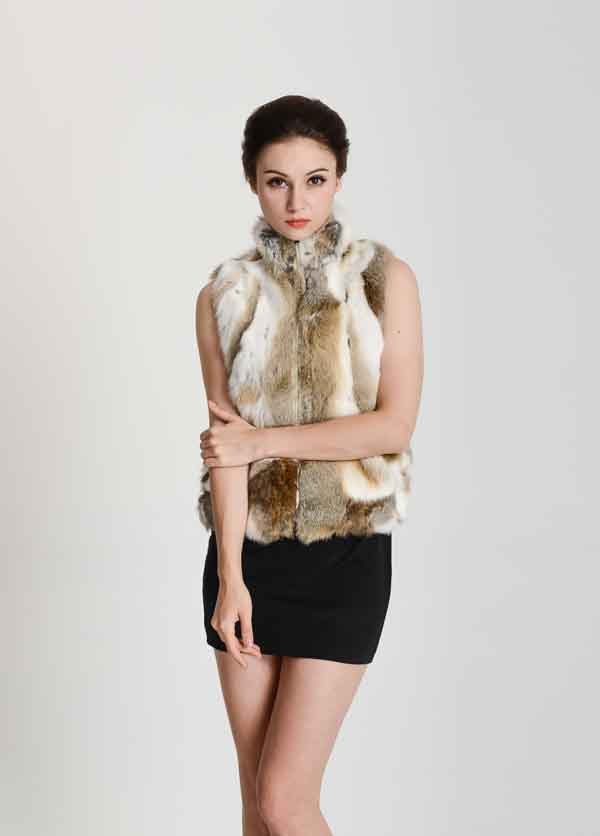 Color Blend Mandarin Collar Real Fur Vests