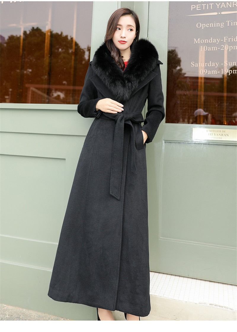 Wool With Real Fox Fur Collar Slim X-Long Coats