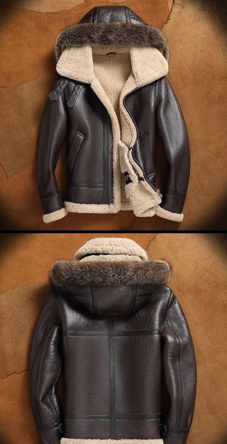 Genuine Leather Shearling Fur Lining Big Collar Detachable Hood Coats