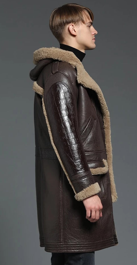 Genuine Leather Real Shearling Fur Lining Hooded Long Coats