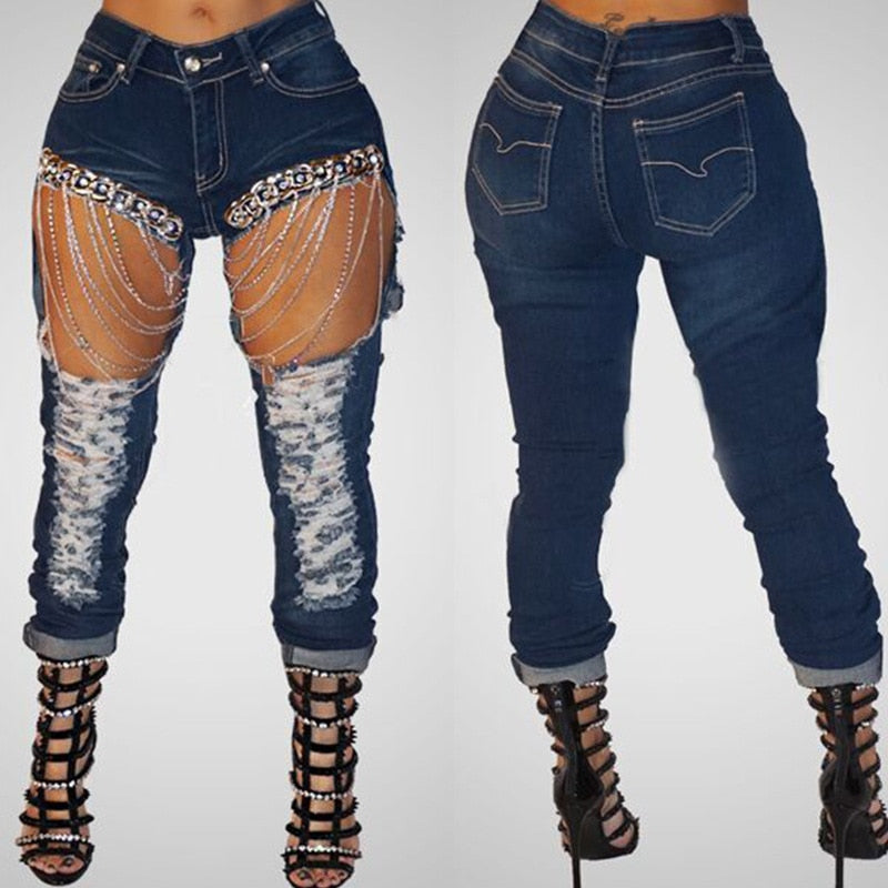 Ripped Large Holes With Chain Streetwear Jeans