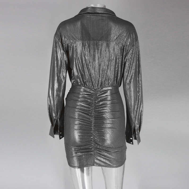 Metallic Shiny Button Long Sleeve Dresses