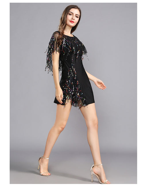 Vintage Sequin Tassel Wing Short Sleeve Black Mini Dress