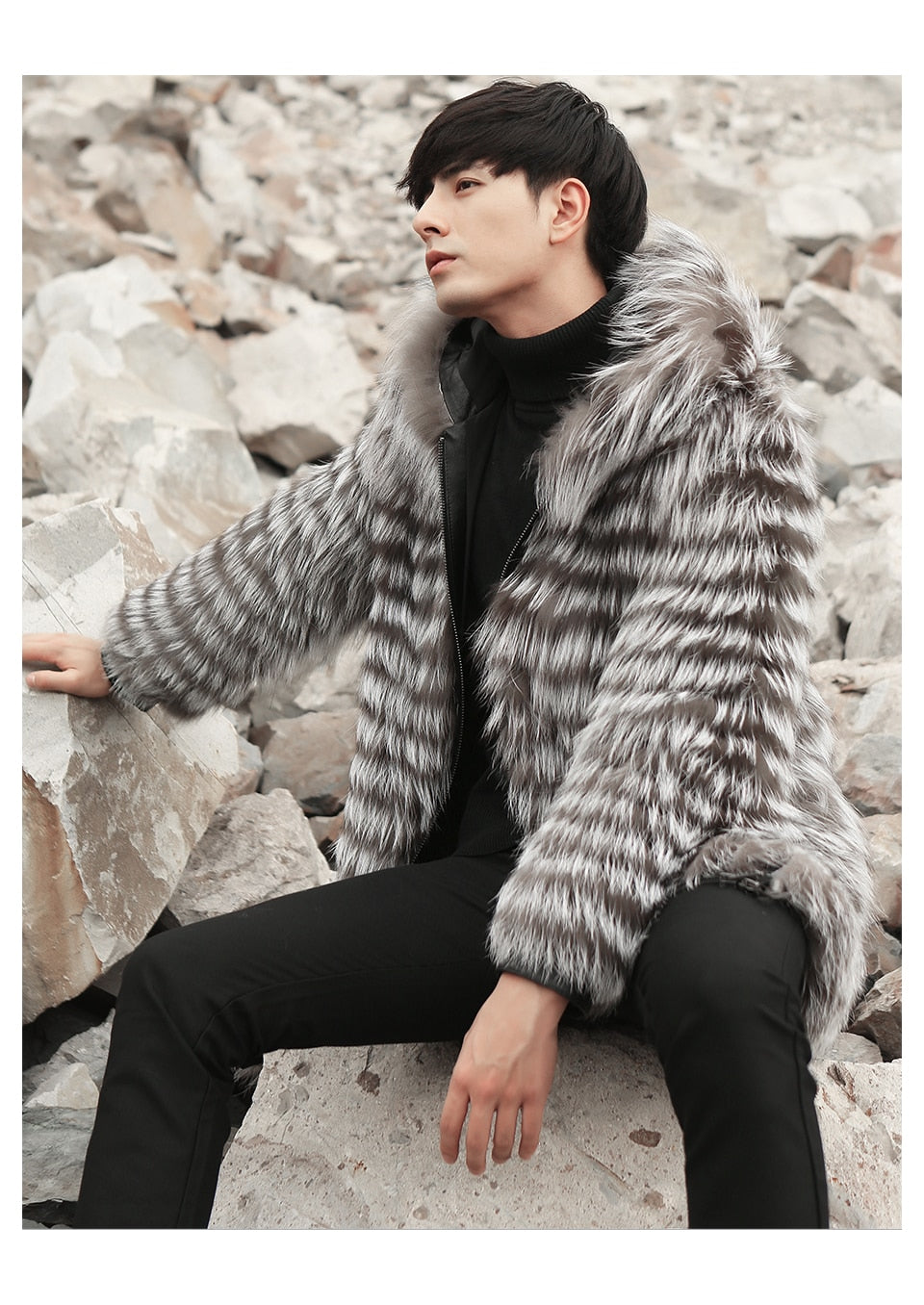 Real Fox Fur Hooded Striped Long Coats