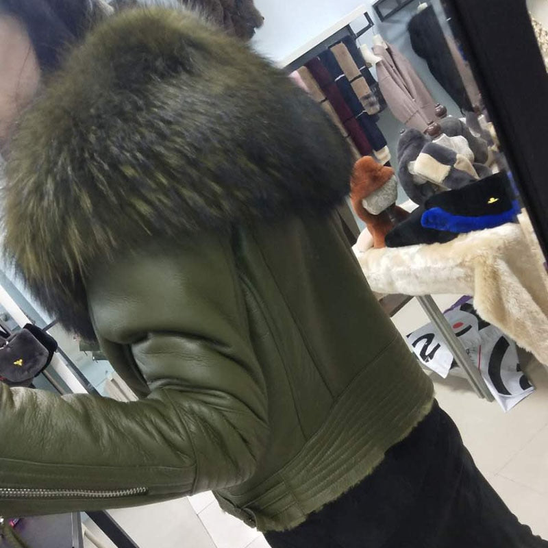 Genuine Leather Moto Jackets Big Fur Collar Wool Liner