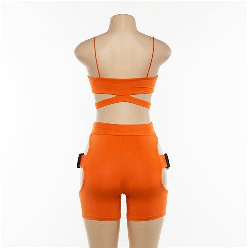 Hollow Side Thigh Buckle Fitness Crop Top and Shorts