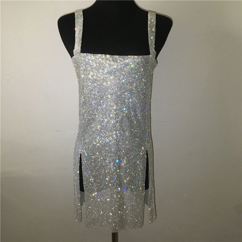 Metal Crystal Diamonds Strap Backless Split Dresses
