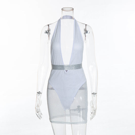 Sparkle Halter Deep V Backless Mesh Bodycon Mini Dresses