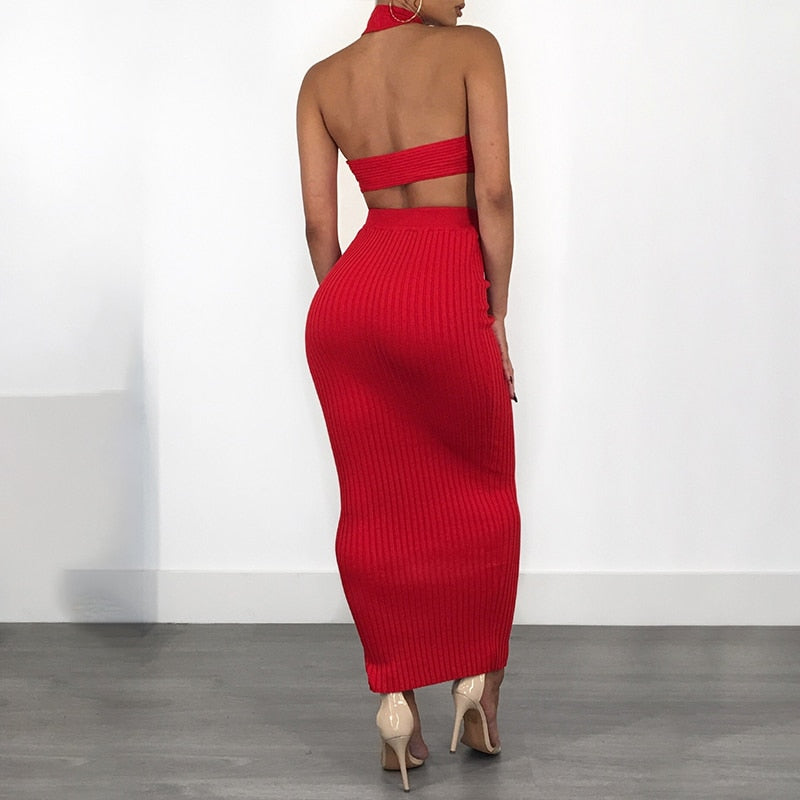 Halter Backless Knitted Bodycon Two Piece Dresses
