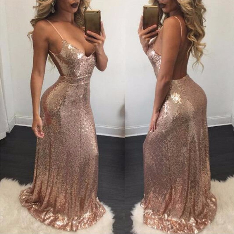 Sequin Backless Strap Bodycon Maxi Dresses
